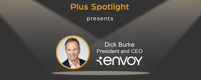 Text graphic promoting Plus Spotlight webinar; with spotlights shining on photo of guest Dick Burke of Envoy