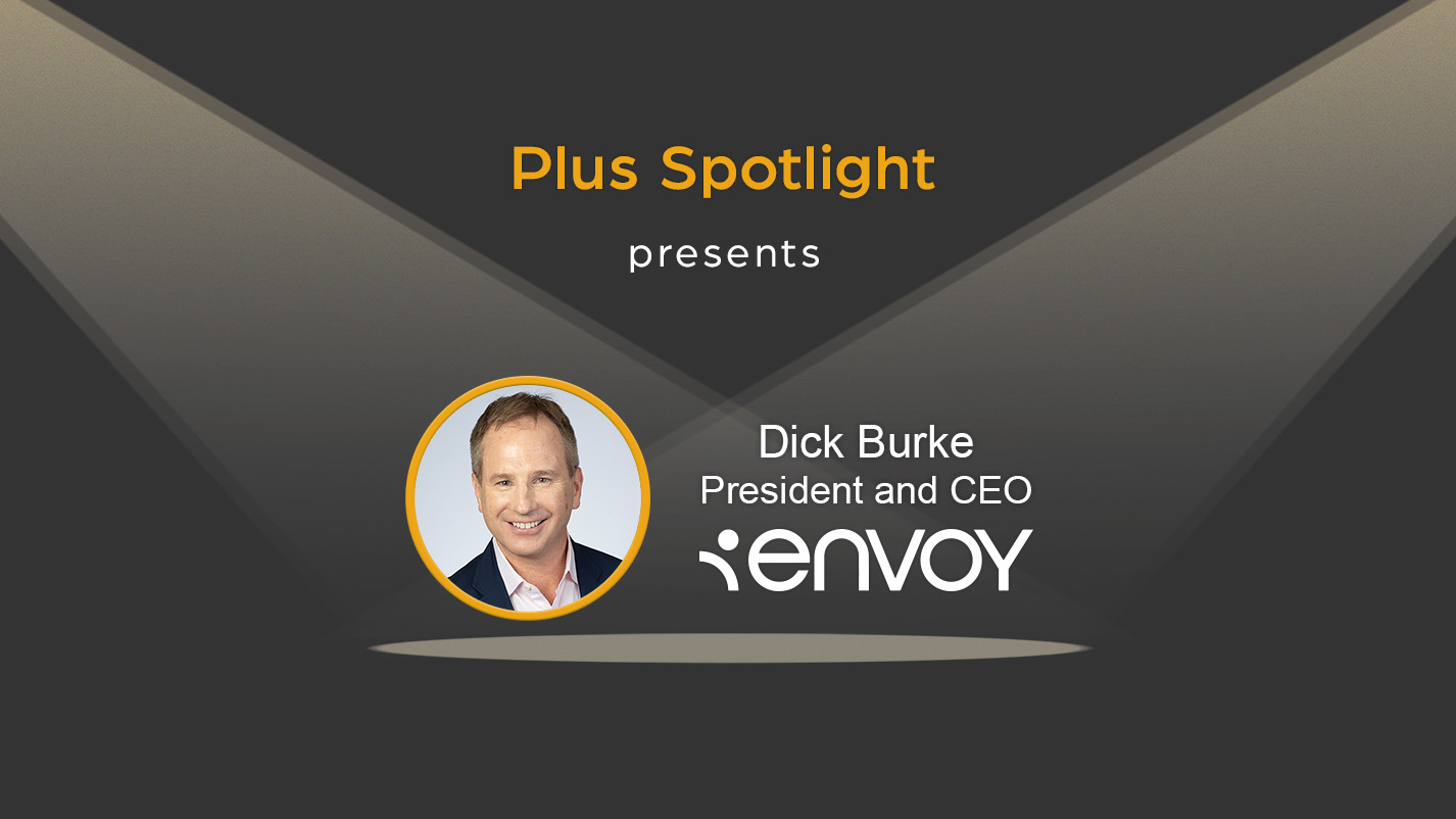 Text graphic promoting Plus Spotlight webinar; with spotlights shining on photo of guest Dick Burke of Envoy