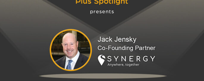 Text graphic promoting Plus Spotlight webinar; with spotlights shining on photo of guest Jack Jensky of Synergy