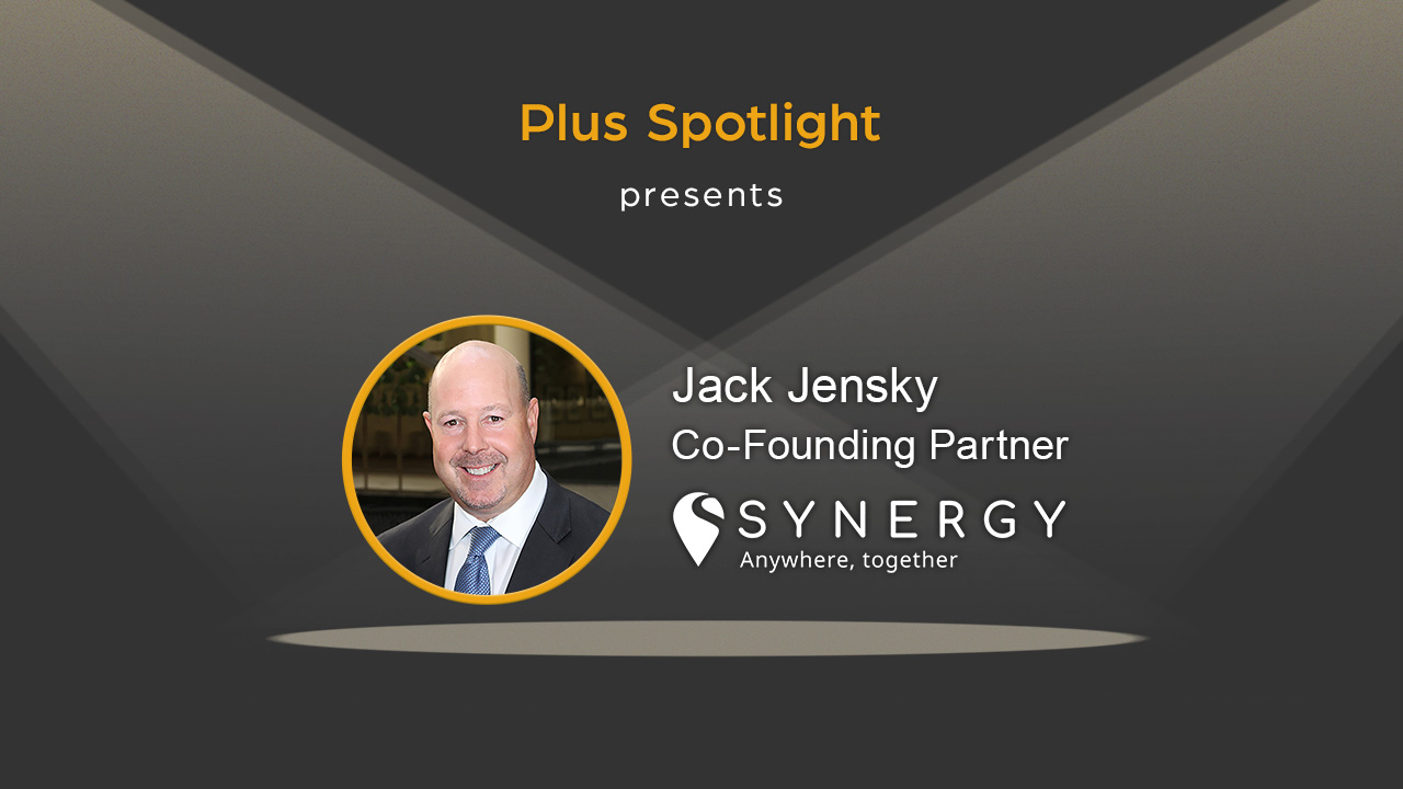 Text graphic promoting Plus Spotlight webinar; with spotlights shining on photo of guest Jack Jensky of Synergy