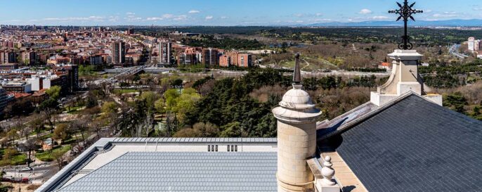 Aerial View of Casa de Campo and Carabanchel District in Madrid from Almudena Cathedral. Cityscape of Madrid, Spain