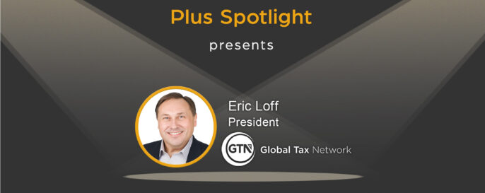 Text graphic promoting Plus Spotlight webinar; with spotlights shining on photo of guest Eric Loff of GTN