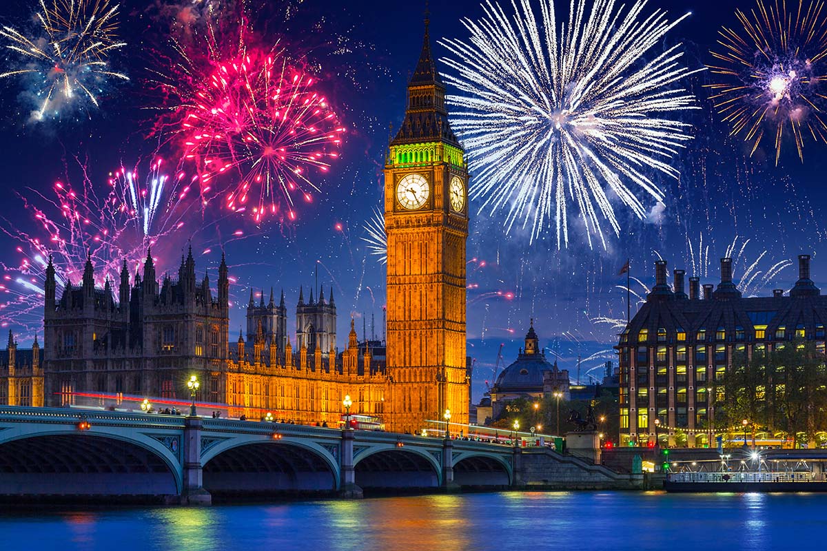 Fireworks in London over Big Ben Clock Tower.