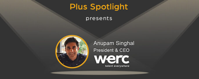 Text graphic promoting Plus Spotlight webinar; with spotlights shining on photo of guest Anupam Singhal of WERC