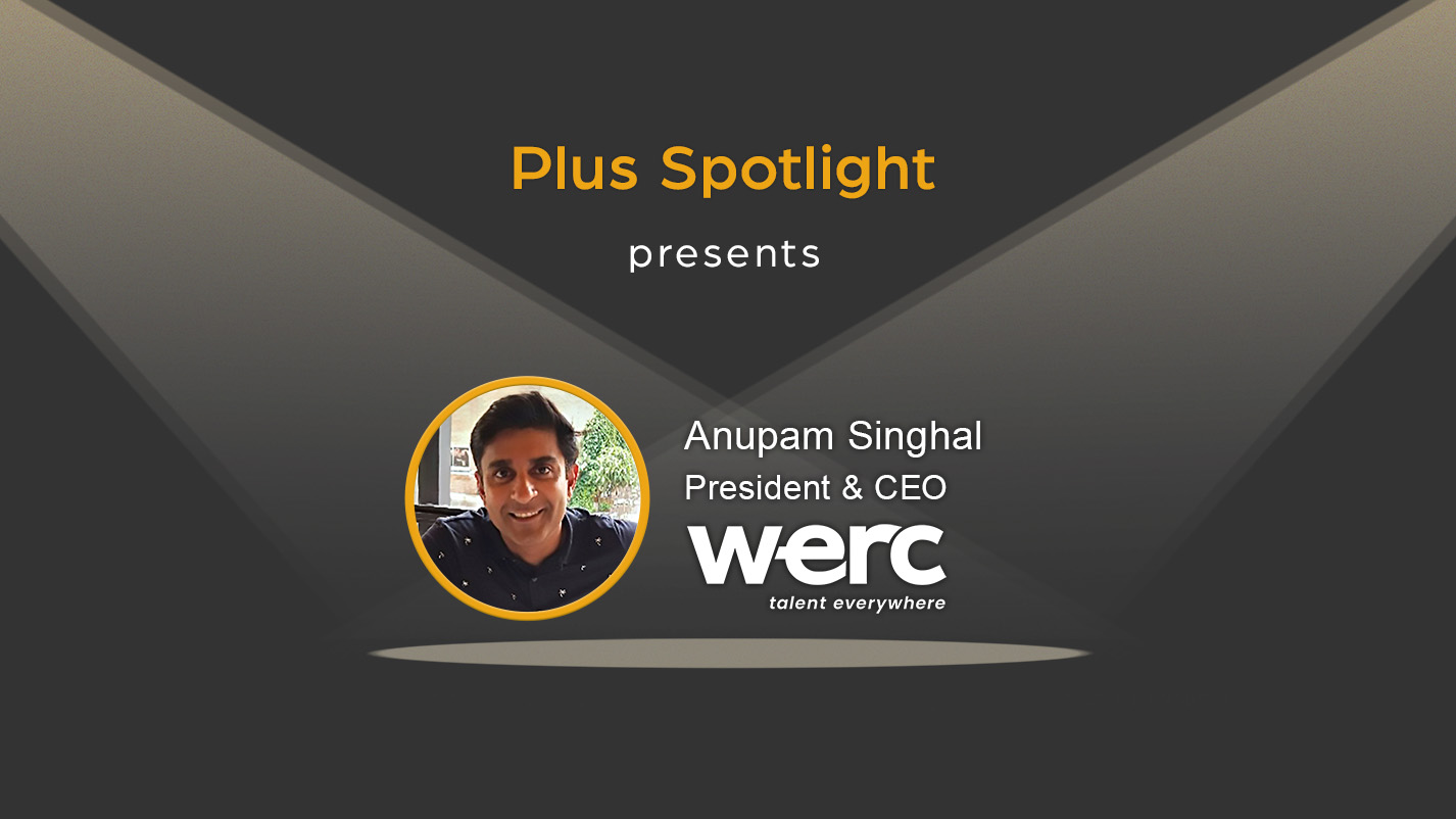 Text graphic promoting Plus Spotlight webinar; with spotlights shining on photo of guest Anupam Singhal of WERC