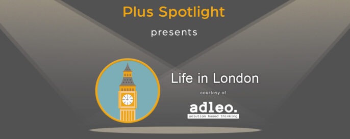 Text graphic promoting Plus Spotlight London webinar; with spotlights shining on illustration of Big Ben clock Tower