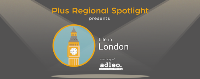 Text graphic promoting Plus Spotlight London webinar; with spotlights shining on illustration of Big Ben Clock Tower