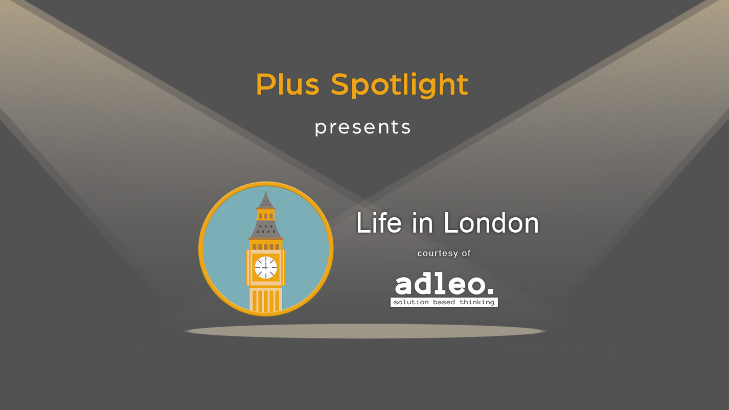 Text graphic promoting Plus Spotlight London webinar; with spotlights shining on illustration of Big Ben clock Tower