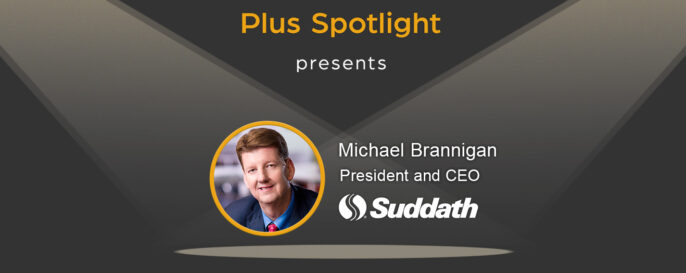 Text graphic promoting Plus Spotlight webinar; with spotlights shining on photo of guest Michael Brannigan of The Suddath Companies