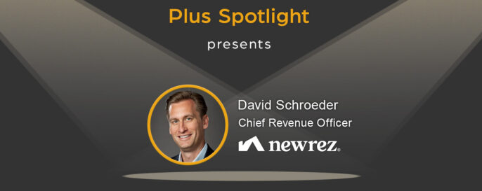 Text graphic promoting Plus Spotlight webinar; with spotlights shining on photo of guest David Schroeder of Newrez