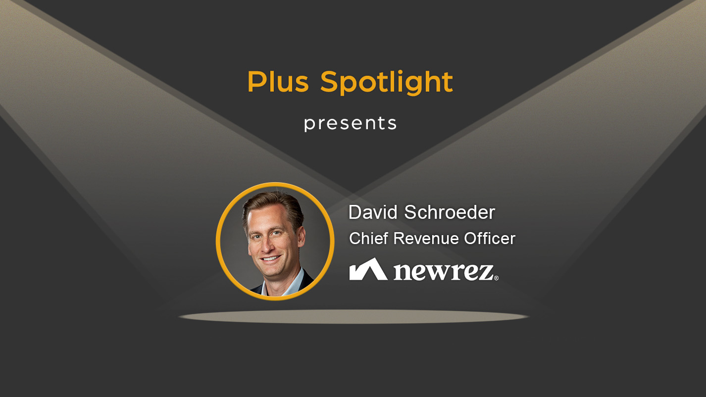 Text graphic promoting Plus Spotlight webinar; with spotlights shining on photo of guest David Schroeder of Newrez