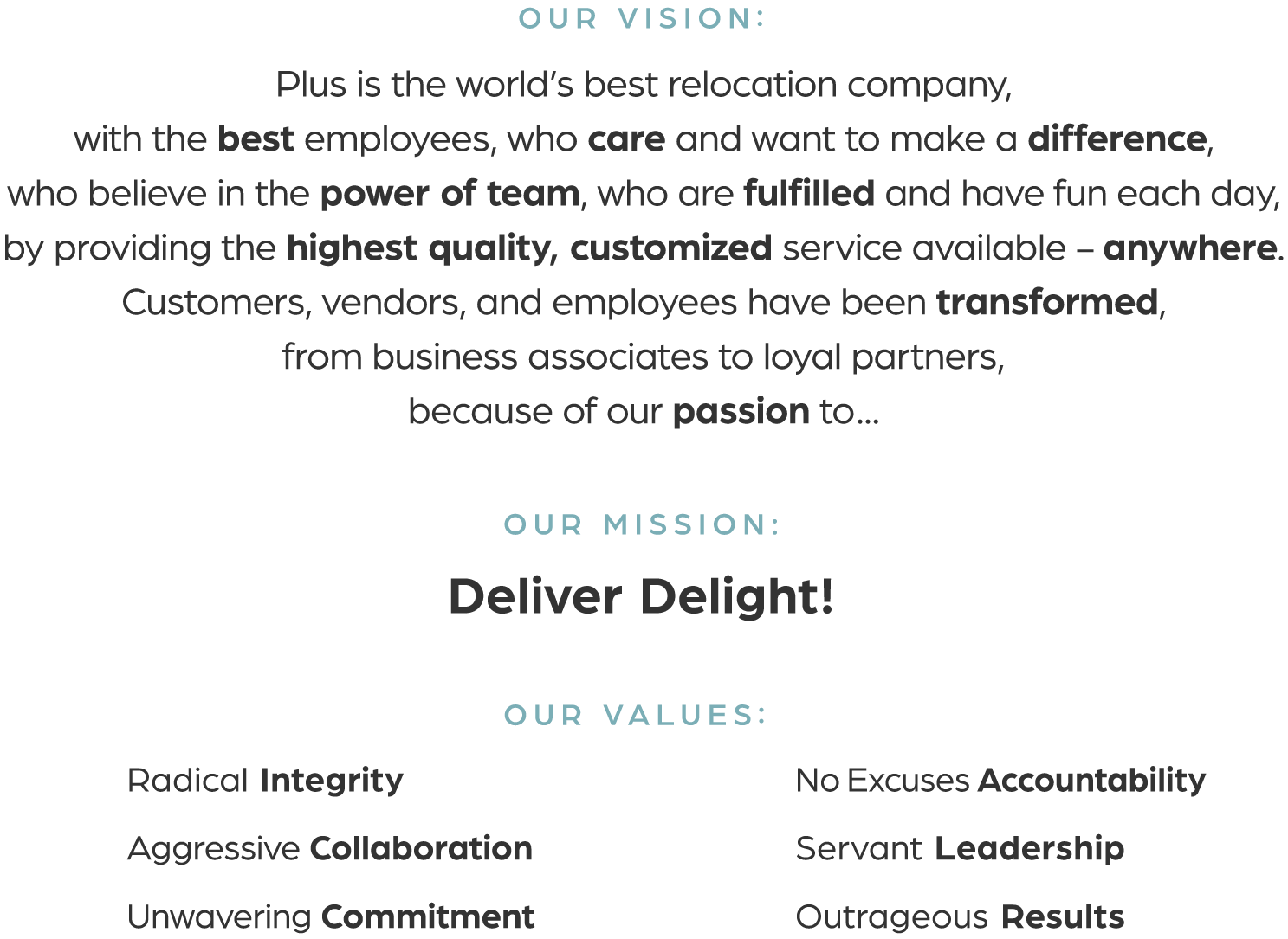 Text image of Plus Relocation Vision, Mission, and Values: OUR MISSION: Plus is the world’s best relocation company, with the best employees, who care and want to make a difference, who believe in the power of team, who are fulfilled and have fun each day, by providing the highest quality, customized service available - anywhere. Customers, vendors, and employees have been transformed, from business associates to loyal partners, because of our passion to... OUR MISSION: Deliver Delight! OUR VALUES: Radical Integrity, Aggressive Collaboration, Unwavering Commitment, No Excuses Accountability, Servant Leadership, Outrageous Results