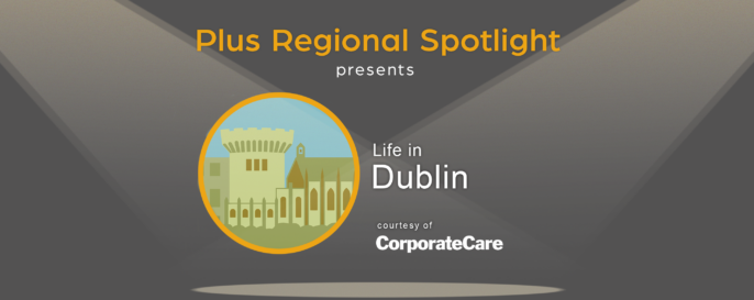 Text graphic promoting Plus Spotlight Life in Dublin webinar; with spotlights shining on illustration of the Dublin Castle