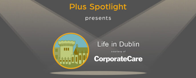 Text graphic promoting Plus Spotlight Life in Dublin webinar; with spotlights shining on illustration of the Dublin Castle