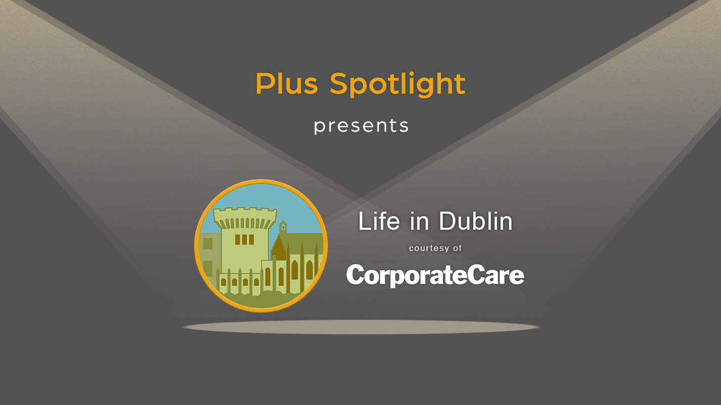 Text graphic promoting Plus Spotlight Life in Dublin webinar; with spotlights shining on illustration of the Dublin Castle