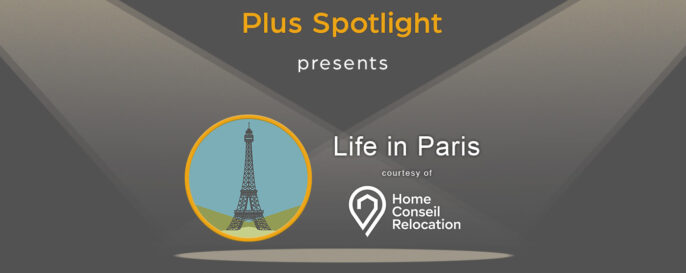 Text graphic promoting Plus Spotlight Paris webinar; with spotlights shining on illustration of Paris landmark the Eiffel Tower