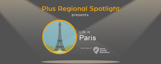 Text graphic promoting Plus Spotlight Paris webinar; with spotlights shining on illustration of Paris landmark the Eiffel Tower