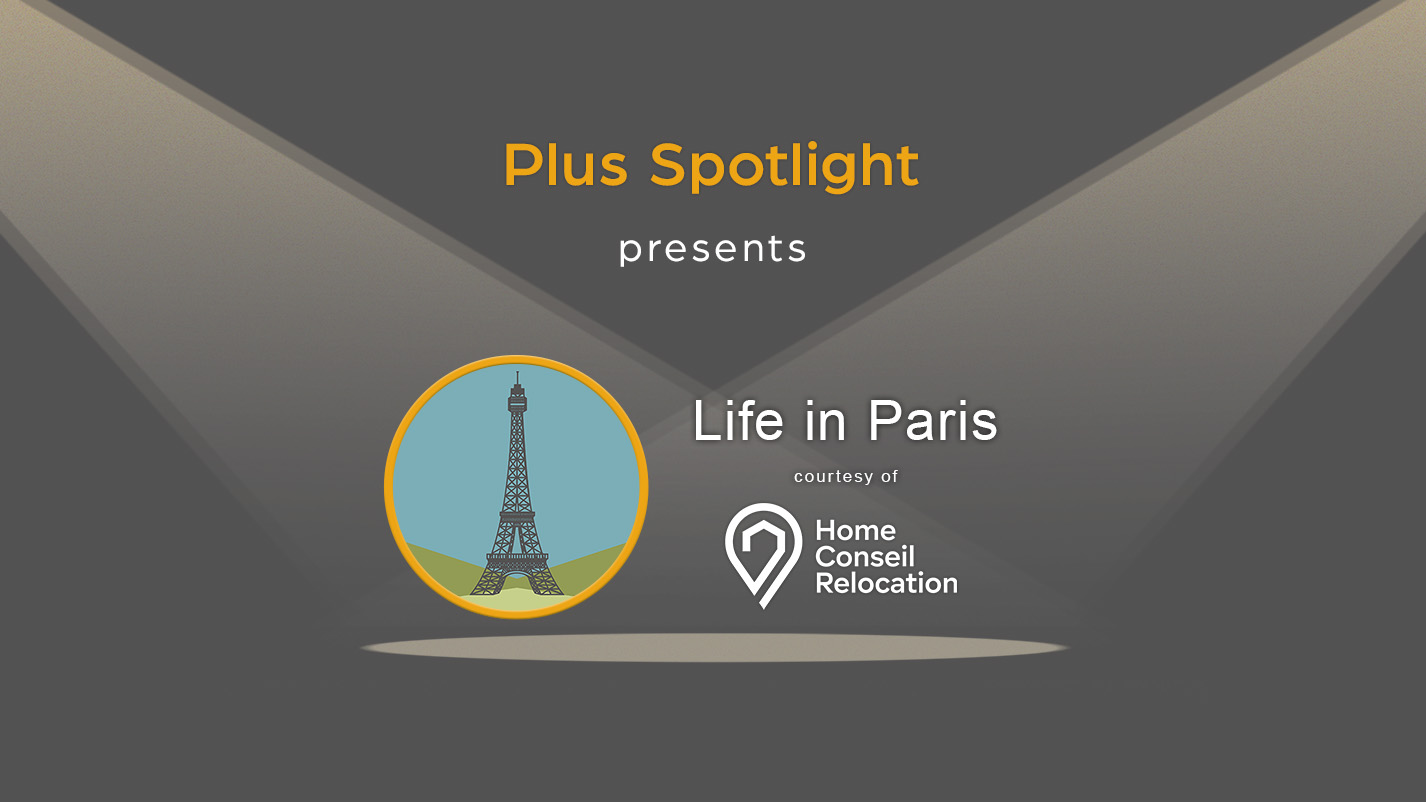 Text graphic promoting Plus Spotlight Paris webinar; with spotlights shining on illustration of Paris landmark the Eiffel Tower