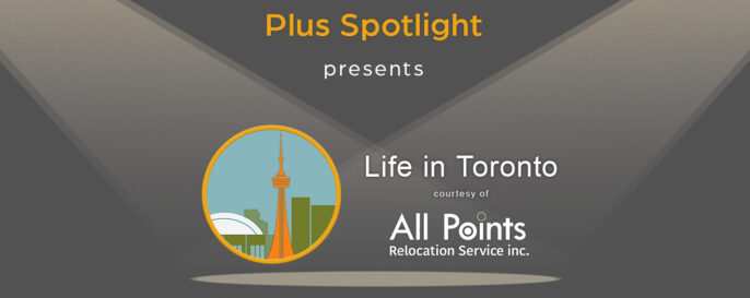 Text graphic promoting Plus Spotlight Life in Toronto webinar; with spotlights shining on illustration of Toronto's CN Tower