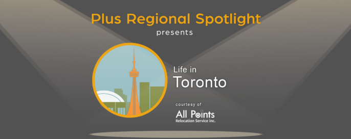 Text graphic promoting Plus Spotlight Life in Toronto webinar; with spotlights shining on illustration of Toronto's CN Tower
