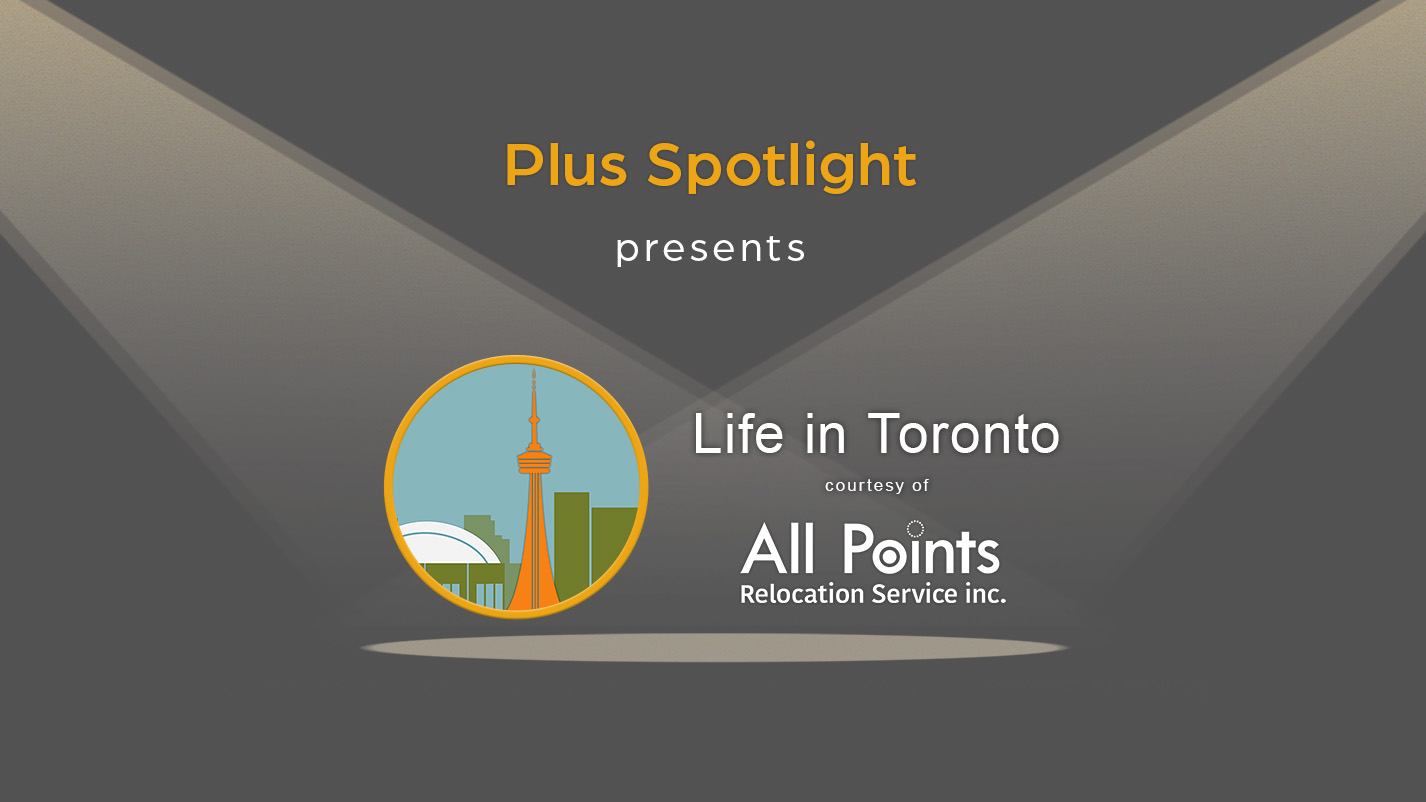 Text graphic promoting Plus Spotlight Life in Toronto webinar; with spotlights shining on illustration of Toronto's CN Tower