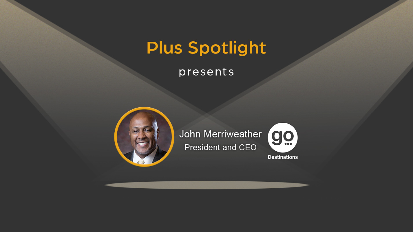 Plus Relocation promotional graphic with text for upcoming Spotlight webinar, featuring photo of John Merriweather, President and CEO of GO Destination Services under spotlights, against a dark gray background, with Plus Relocation logo in the bottom right corner.