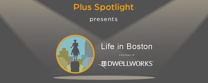 Text graphic promoting Plus Spotlight Life in Boston webinar; with spotlights shining on illustration of Boston's George Washinton Equestrian Statue