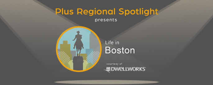 Text graphic promoting Plus Spotlight Life in Boston webinar; with spotlights shining on illustration of Boston's George Washington Equestrian Statue