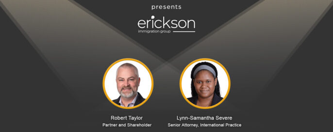 Plus Relocation promotional graphic with text for upcoming Spotlight webinar, featuring photos of Robert Taylor and Lynn-Samantha Severe of Erickson Immigration Group under spotlights, against a dark gray background, with Plus Relocation logo in the bottom right corner.