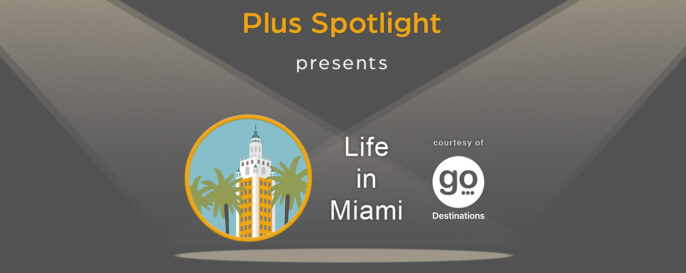Text graphic promoting Plus Spotlight Life in Miami webinar; with spotlights shining on illustration of Miami's Freedom Tower