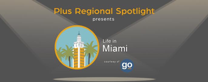 Text graphic promoting Plus Spotlight Life in Miami webinar; with spotlights shining on illustration of Miami's FreedomTower