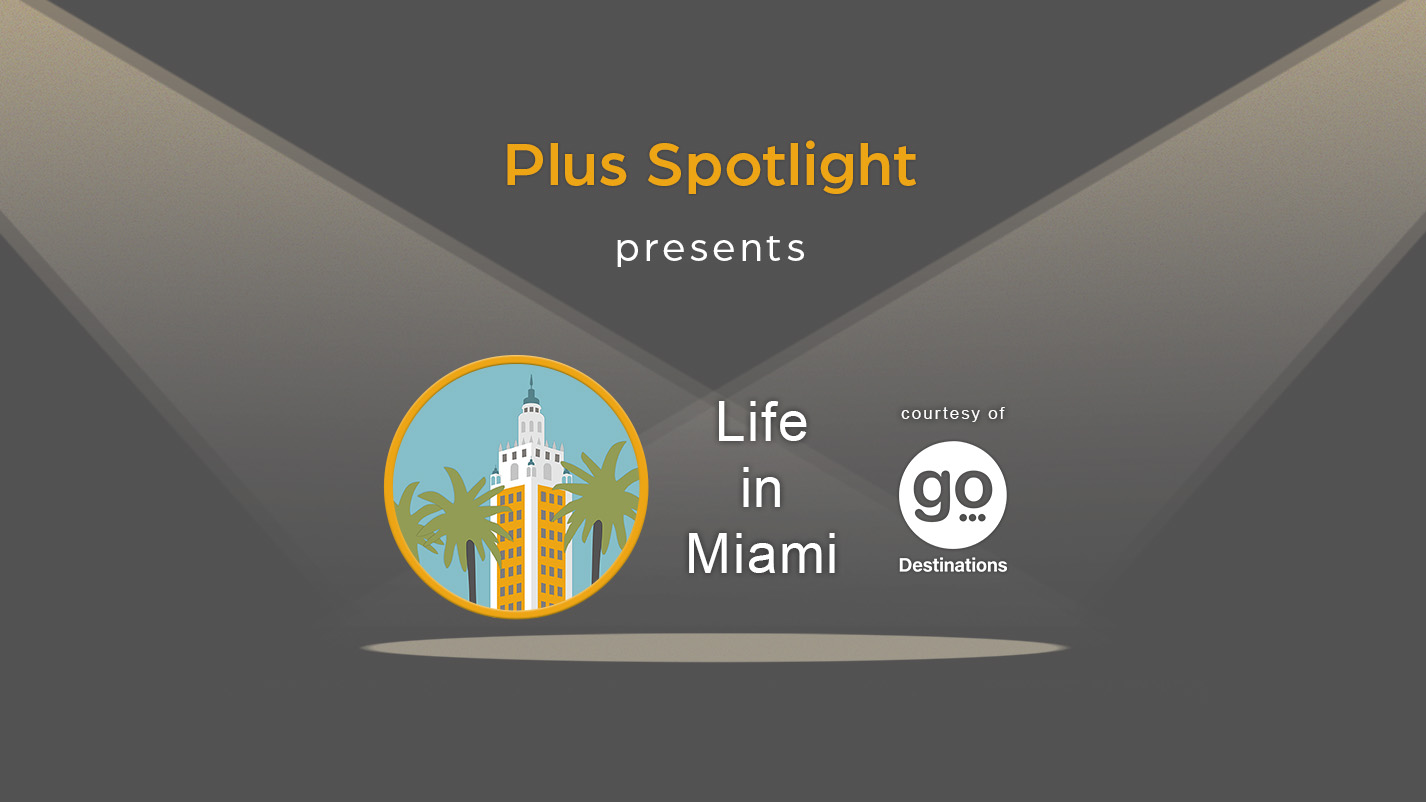 Text graphic promoting Plus Spotlight Life in Miami webinar; with spotlights shining on illustration of Miami's Freedom Tower