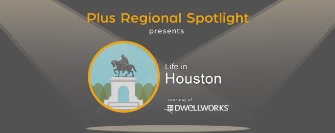 Text graphic promoting Plus Spotlight Life in Houston webinar; with spotlights shining on illustration of Houston's landmark statue of Sam Houston