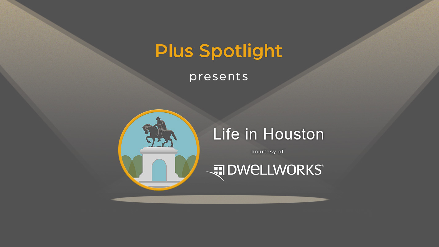 Text graphic promoting Plus Spotlight Life in Houston webinar; with spotlights shining on illustration of Houston's landmark statue of Sam Houston