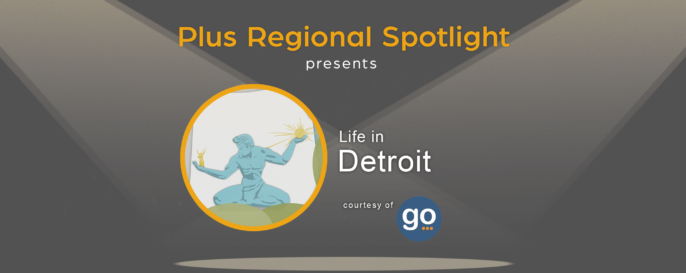 Text graphic promoting Plus Spotlight Life in Detroit webinar; with spotlights shining on illustration of Detroit's landmark statue The Spirit of Detroit