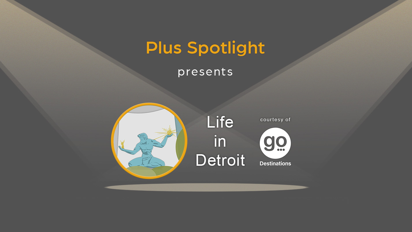 Text graphic promoting Plus Spotlight Life in Detroit webinar; with spotlights shining on illustration of Detroit's landmark statue The Spirit of Detroit