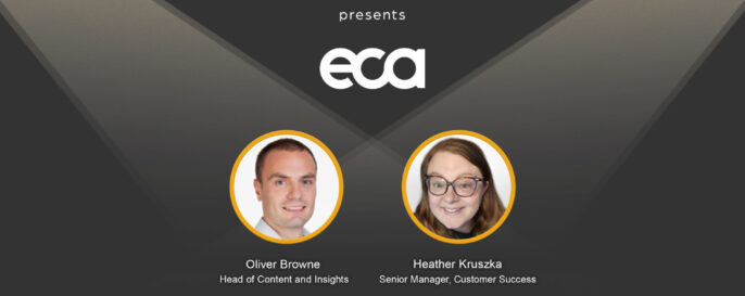 Text graphic promoting Plus Spotlight webinar; with spotlights shining on photos of guests Oliver Browne and Heather Kruszka of ECA